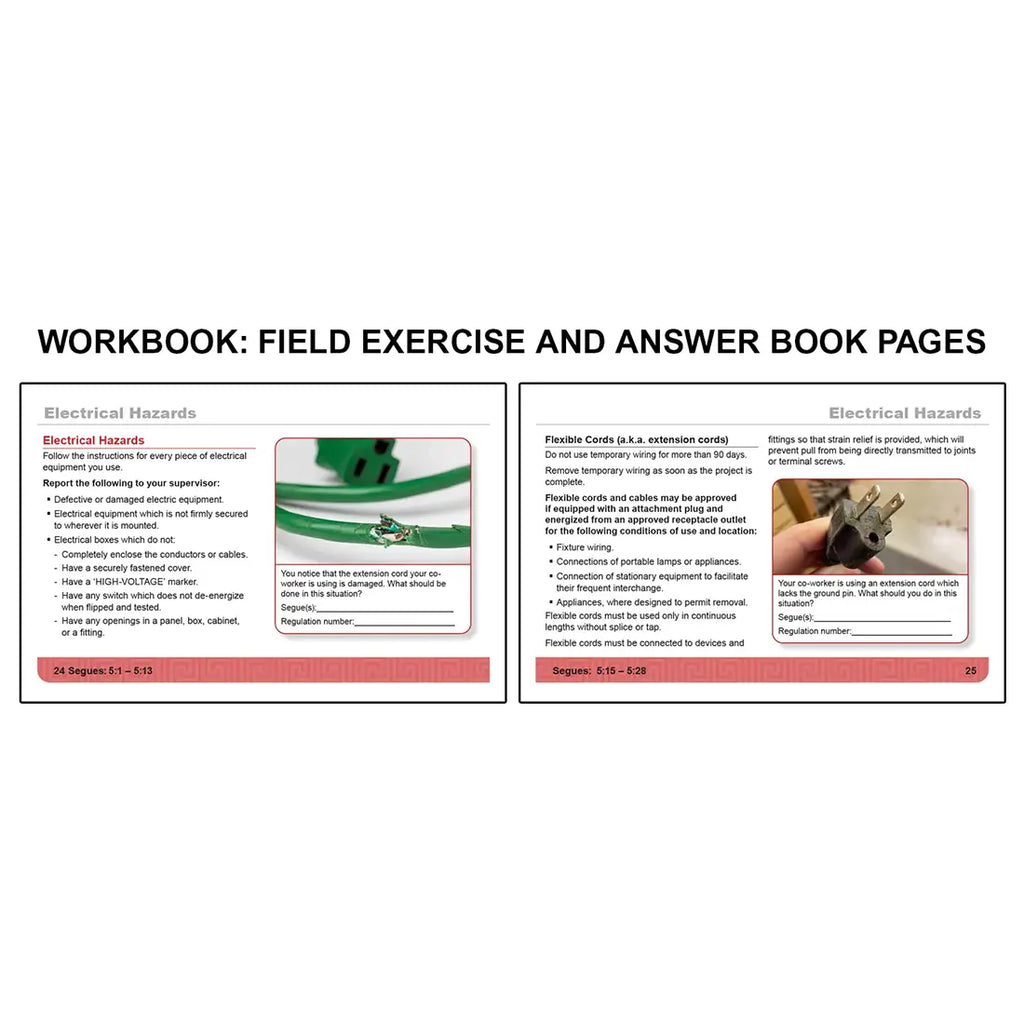 Open workbook spread titled Electrical Hazards featuring guidance on safe use of electrical equipment and reporting issues on the left page with an image of a damaged extension cord and hazard identification prompt, alongside a right page covering extension cord safety requirements and proper usage with an image of a plug missing a grounding pin and prompts to apply OSHA regulations.
