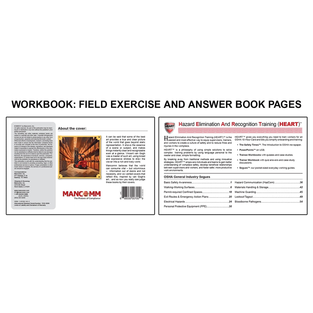 Image displaying a workbook field exercise and answer book pages with two sample pages showing cover information, artwork description, and an overview of the HEART training program along with a table of contents for OSHA general industry topics.