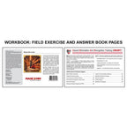 Image displaying a workbook field exercise and answer book pages with two sample pages showing cover information, artwork description, and an overview of the HEART training program along with a table of contents for OSHA general industry topics.
