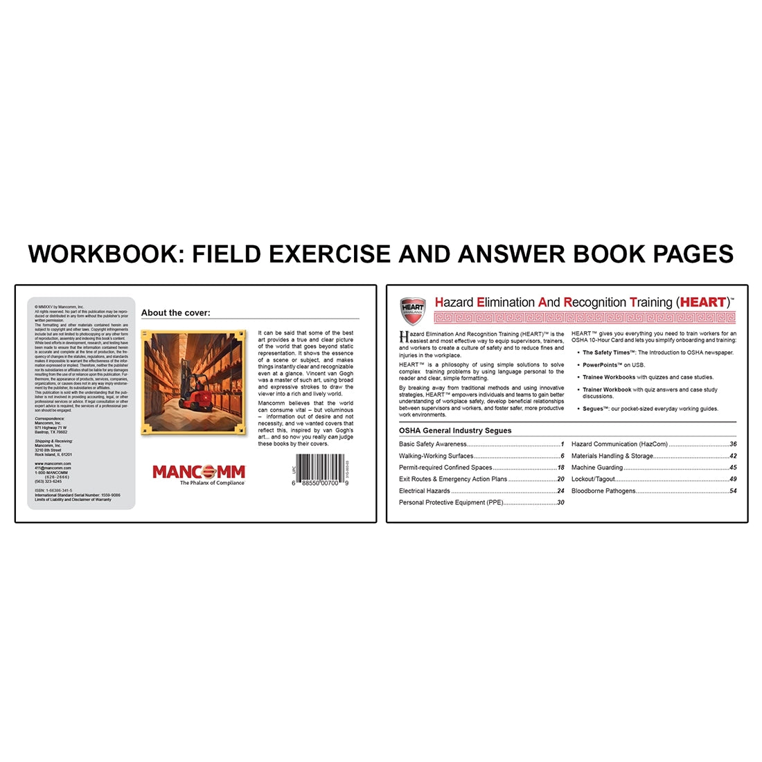 Image displaying a workbook field exercise and answer book pages with two sample pages showing cover information, artwork description, and an overview of the HEART training program along with a table of contents for OSHA general industry topics.