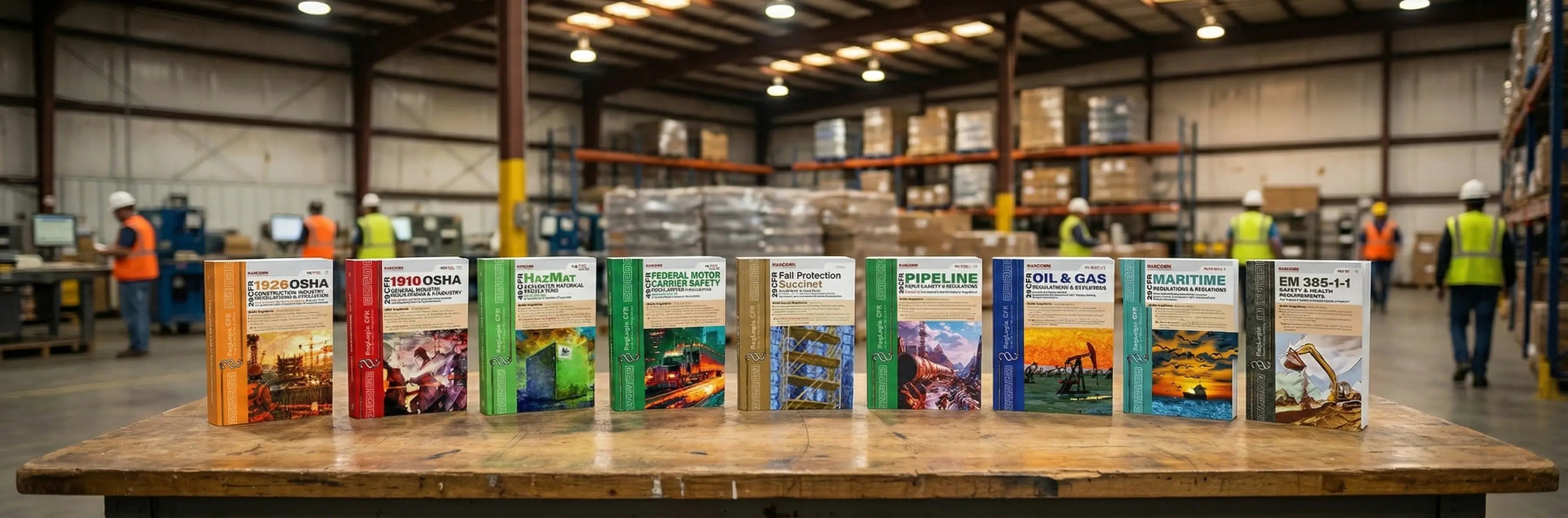 Row of books on a table in a warehouse setting