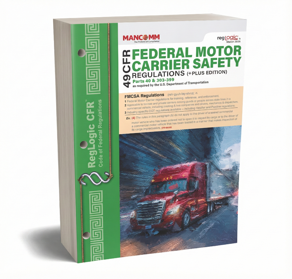 Book titled 'Federal Motor Carrier Safety Regulations' with a red truck on the cover, published by MANCOMM.