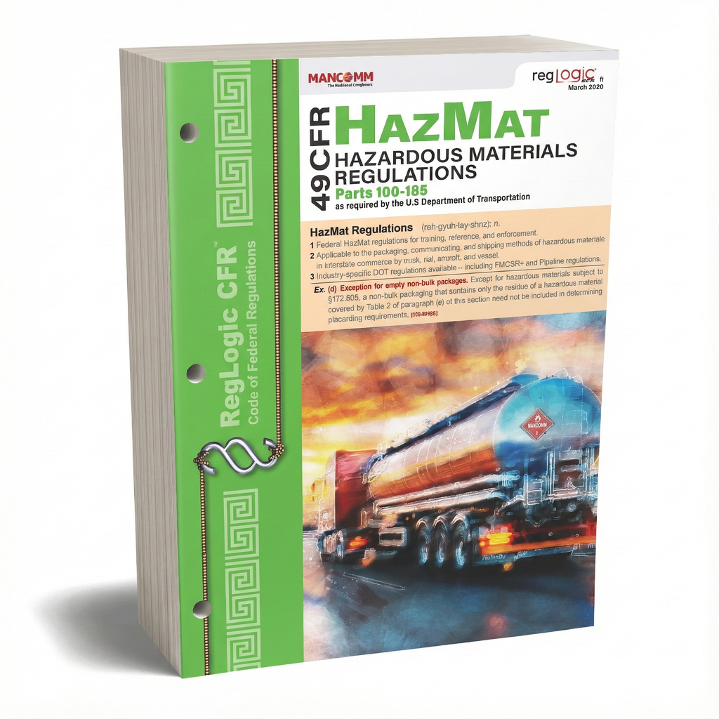 Book titled '49 CFR Hazardous Materials Regulations' with a truck on the cover, on a white background.