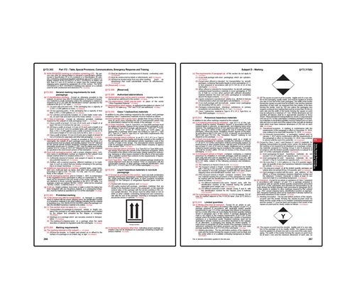 Two-page hazardous materials regulation spread covering packaging requirements, marking and labeling standards, including hazard symbols and orientation markings for safe transport of dangerous goods.