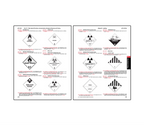 Two-page hazardous materials regulation spread featuring additional standardized hazard labels, including oxidizers, organic peroxides, poison inhalation hazards, radioactive materials, corrosives, infectious substances, and lithium battery markings used for transportation safety.