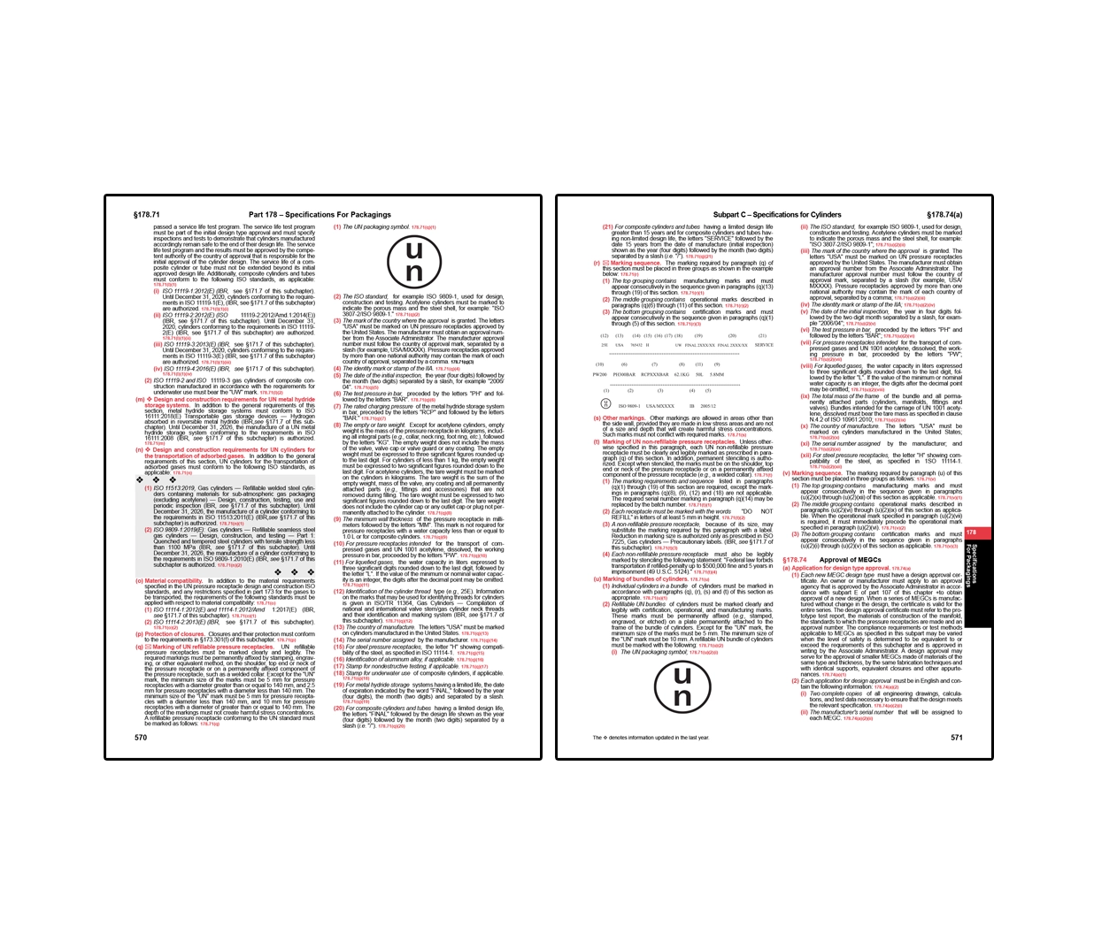 Two-page hazardous materials regulation spread covering packaging specifications on the left, including requirements for UN standard packaging markings and construction standards, and on the right specifications for cylinders, including marking requirements, service equipment, inspection markings, and approval of manufacturing and inspection agencies.