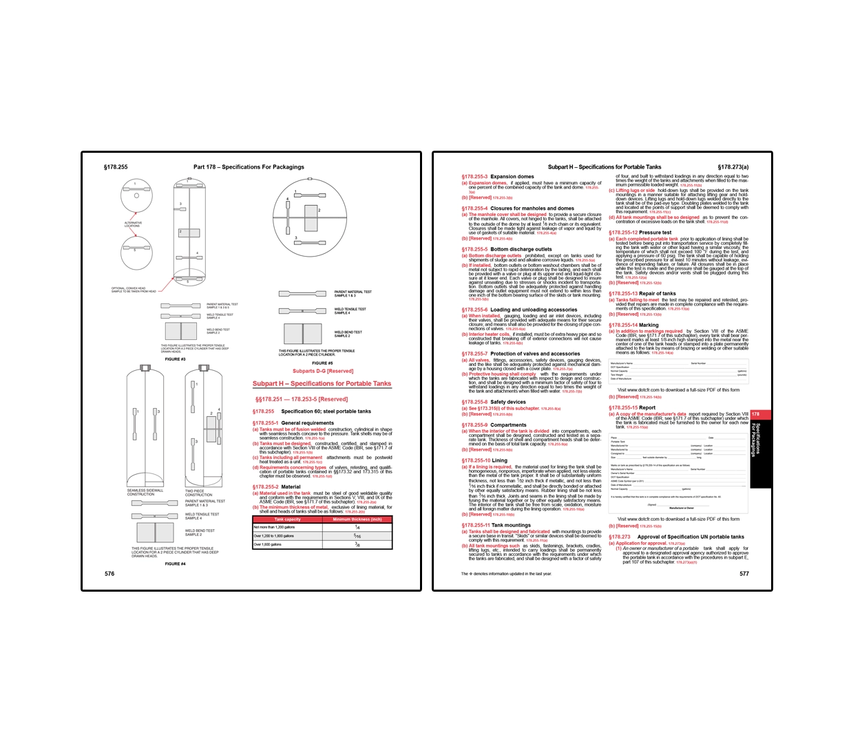 Two-page hazardous materials regulation spread covering specifications for packaging on the left with diagrams of cylindrical tanks, weld test locations, and construction details, and on the right specifications for portable tanks including requirements for expansion domes, closures, pressure tests, marking, reporting, and approval of UN portable tank designs.