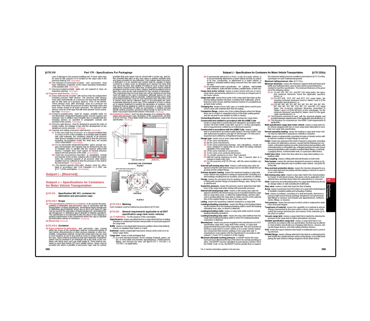 Two-page hazardous materials regulation spread covering packaging specifications on the left, including requirements for portable tanks, pressure relief devices, and markings, along with diagrams of container components, and on the right specifications for containers used in motor vehicle transportation, including design, construction, testing, and performance requirements for cargo tanks and related equipment.