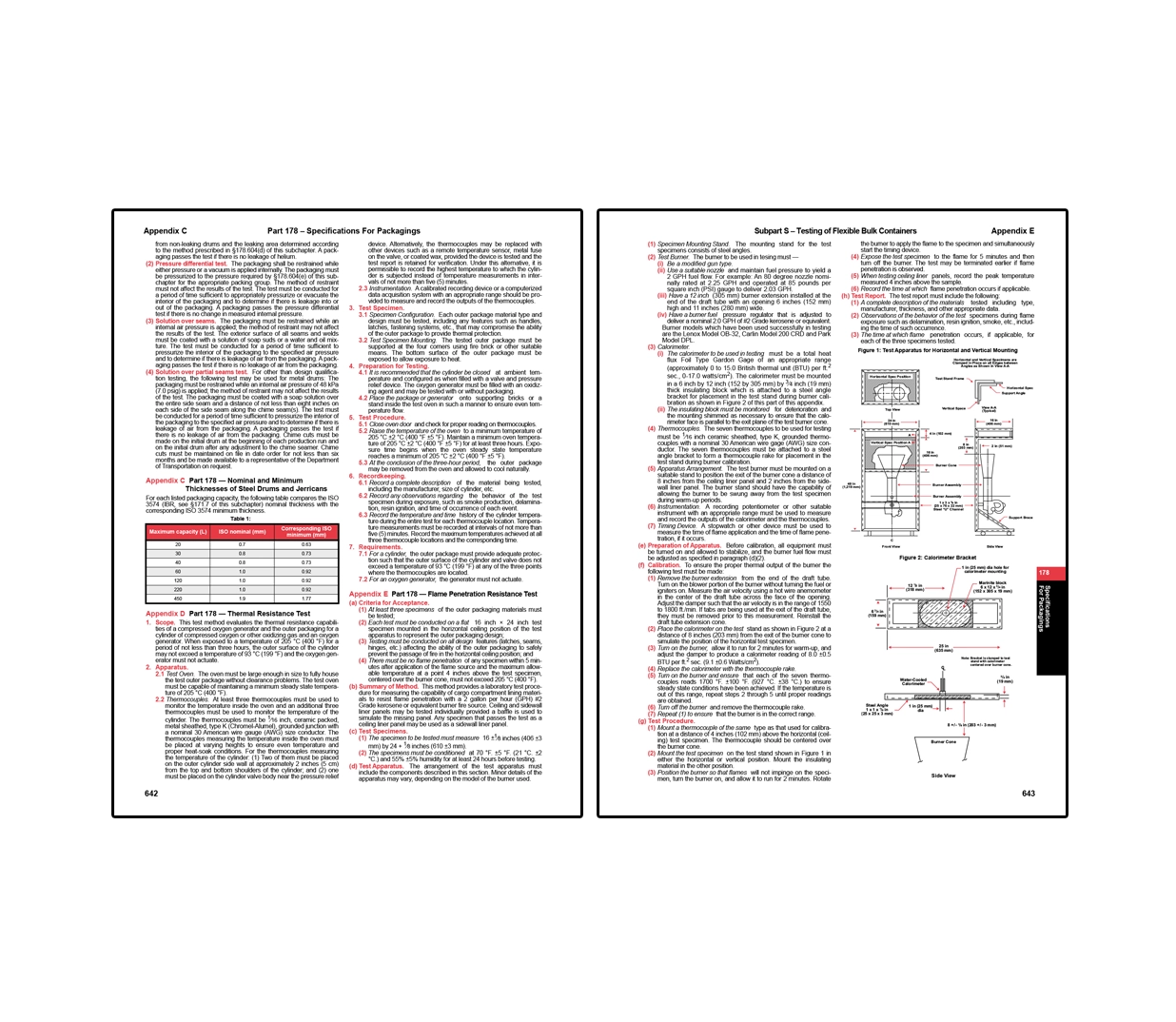 Two-page hazardous materials regulation spread covering packaging specifications on the left, including pressure and performance testing requirements, thickness standards, and resistance tests with a reference table, and on the right testing procedures for flexible bulk containers, including step-by-step test methods, equipment setup, and detailed diagrams of test apparatus and calorimeter components.