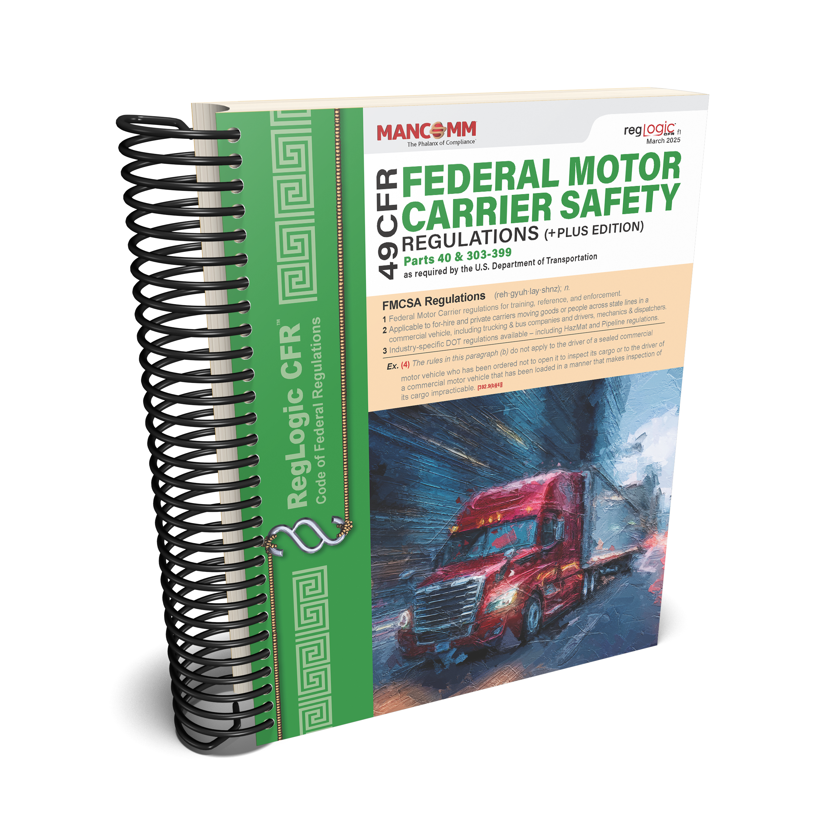 Book titled 'Federal Motor Carrier Safety Regulations' with a truck on the cover, published by MANCOM.