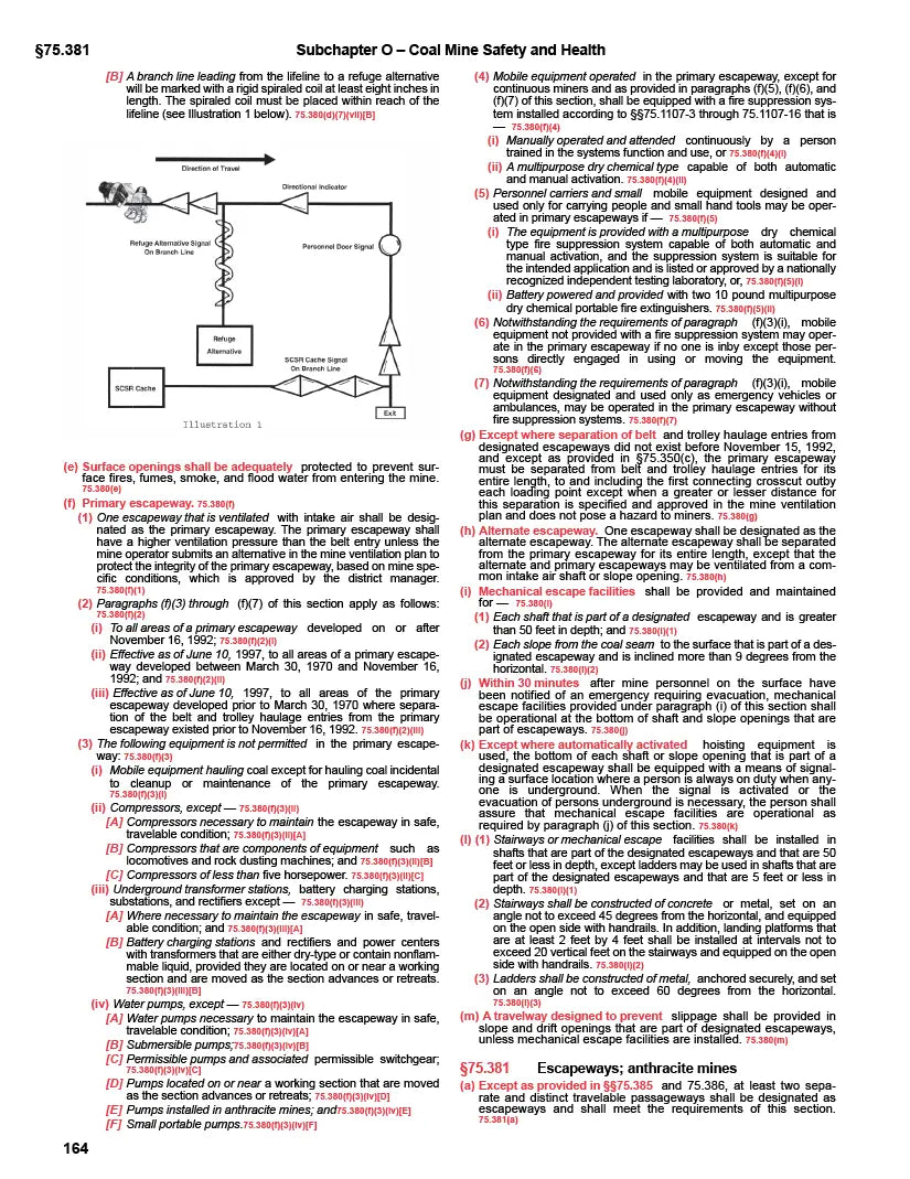 Technical document with text and diagrams on coal mine safety and health, page 164.