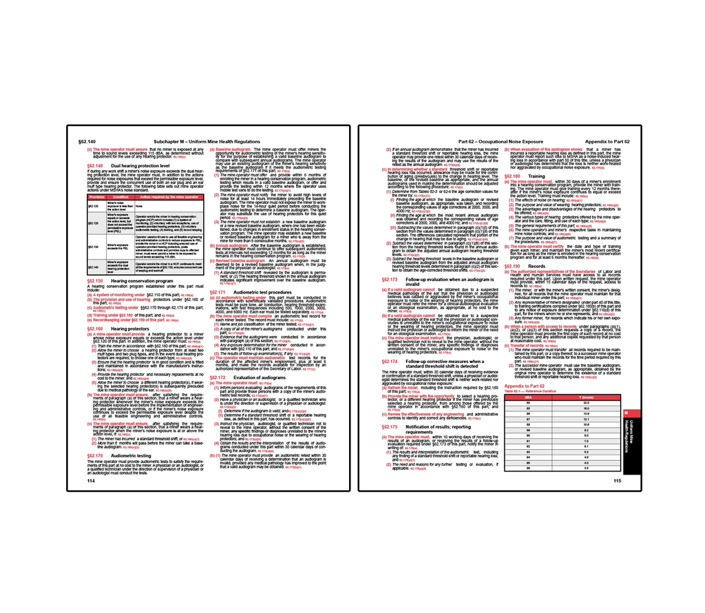 Two-page spread from mining safety regulations covering Subchapter M uniform mine health regulations and Part 62 occupational noise exposure, detailing requirements for hearing protection, hearing conservation programs, audiometric testing, training, recordkeeping, and evaluation of noise exposure with an appendix table outlining permissible exposure durations based on decibel levels.