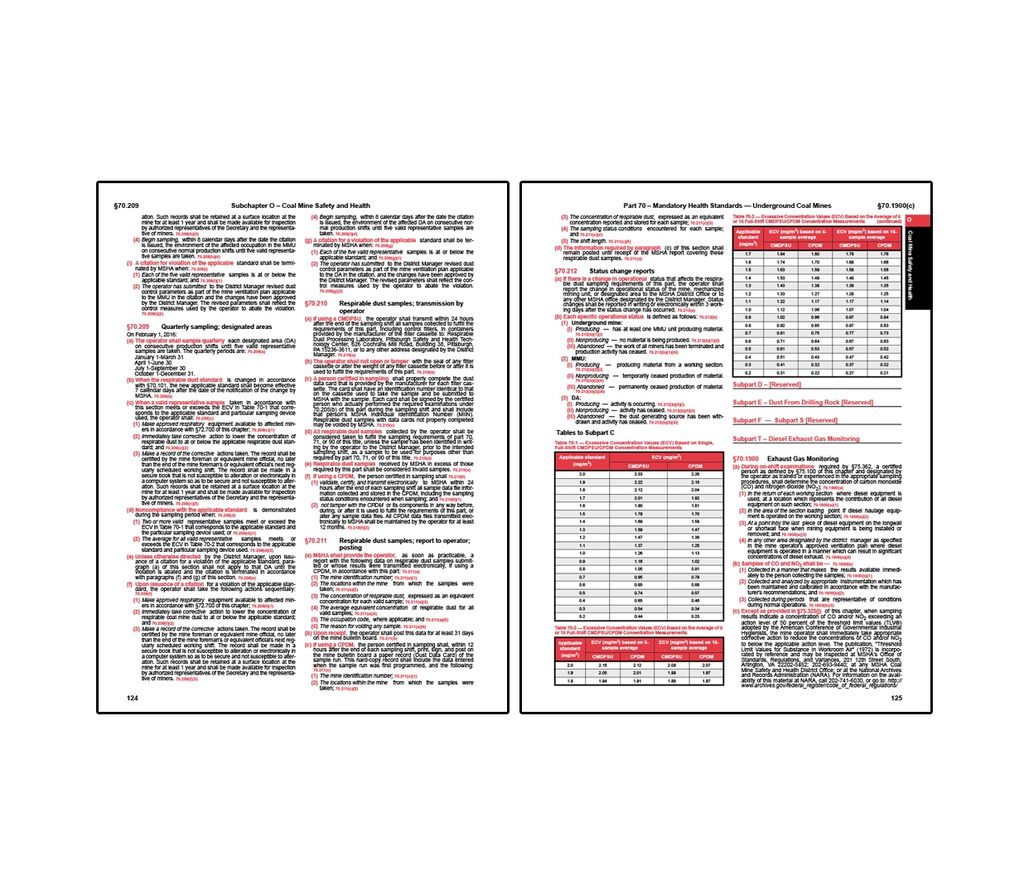 Two-page spread from coal mine safety regulations covering Subchapter O and Part 70 mandatory health standards for underground coal mines, detailing requirements for respirable dust sampling, designated work areas, sampling procedures and reporting, corrective actions when limits are exceeded, and diesel exhaust gas monitoring, along with tables outlining concentration limits and equivalent values for compliance.