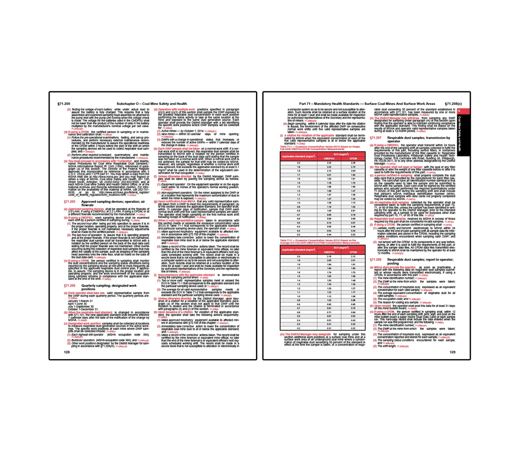 Two-page spread from coal mine safety regulations covering Subchapter O and Part 71 mandatory health standards for surface coal mines and surface work areas, detailing requirements for respirable dust sampling procedures, designated sampling locations, operator responsibilities, transmission and reporting of dust sample data, and compliance tables showing equivalent concentration values for full-shift exposure measurements.