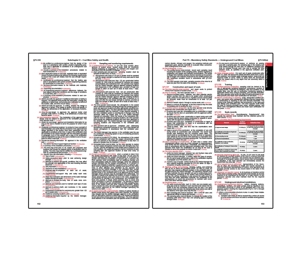 Two-page spread from coal mine safety regulations covering Subchapter O and Part 75 mandatory safety standards for underground coal mines, detailing requirements for sealing abandoned areas, atmospheric sampling and monitoring, recordkeeping, training, and maintenance of seals, along with provisions for underground electrical installations and safety measures to control hazards in sealed mine environments.