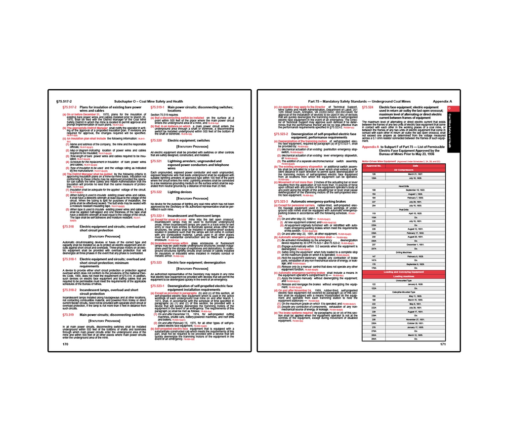 Two-page spread from coal mine safety regulations covering Subchapter O and Part 75 mandatory safety standards for underground coal mines, detailing requirements for electrical installations including power wires and cables, circuit protection, disconnecting switches, grounding, and deenergization procedures, along with safety provisions for equipment maintenance and an appendix table listing approved electric face equipment.