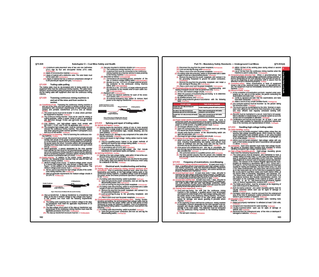 Two-page spread from coal mine safety regulations covering Subchapter O and Part 75 mandatory safety standards for underground coal mines, detailing requirements for trailing cable handling, inspection, and protection during continuous mining operations, including grounding checks, splice and repair procedures, lockout and deenergization practices, and maintenance standards to ensure electrical safety and prevent hazards.