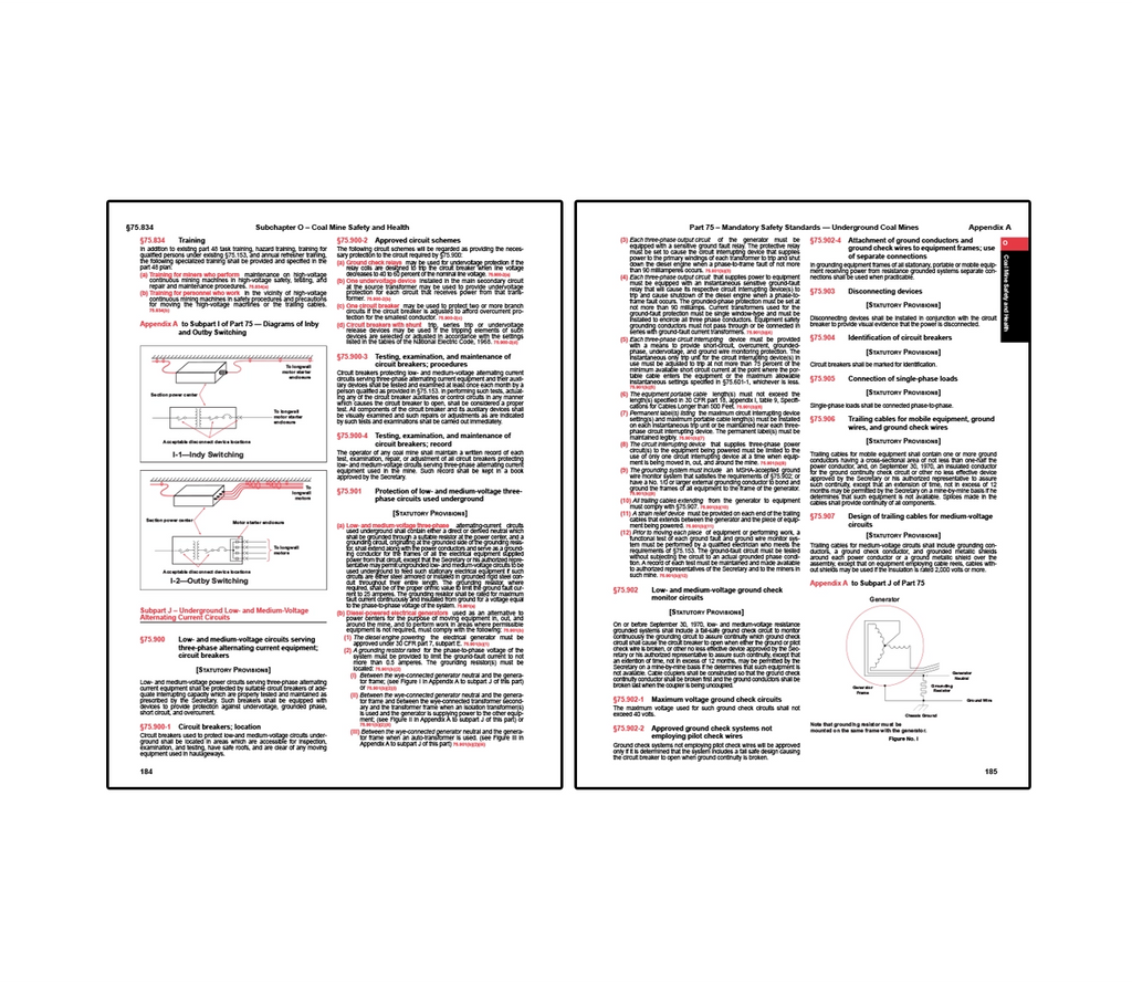 Two-page spread from coal mine safety regulations outlining requirements for electric equipment, trolley wires, and feeder systems, including installation standards, insulation and guarding practices, overcurrent protection, grounding methods, and fire protection equipment, with diagrams illustrating grounding and circuit configurations alongside detailed rules for maintaining safe electrical systems in underground coal mines.