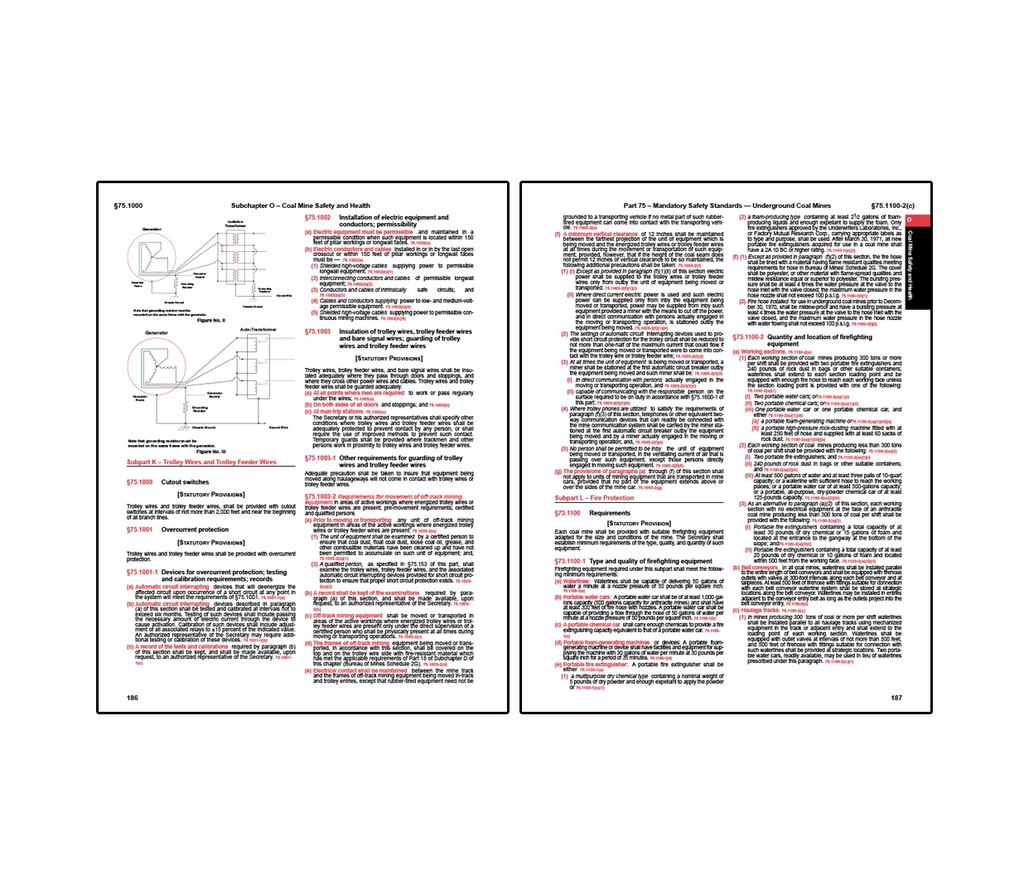 Two-page spread from underground coal mine safety regulations detailing requirements for electric equipment installation, trolley wires and feeder systems, insulation and guarding practices, overcurrent protection, grounding methods, and fire protection equipment, including diagrams of grounding and circuit setups and comprehensive rules for maintaining safe electrical systems in mining operations.
