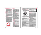 Two-page safety regulations section covering general environmental controls, hazard communication signage and labeling requirements, biological hazard symbols, accident prevention tags, and permit-required confined space safety standards.