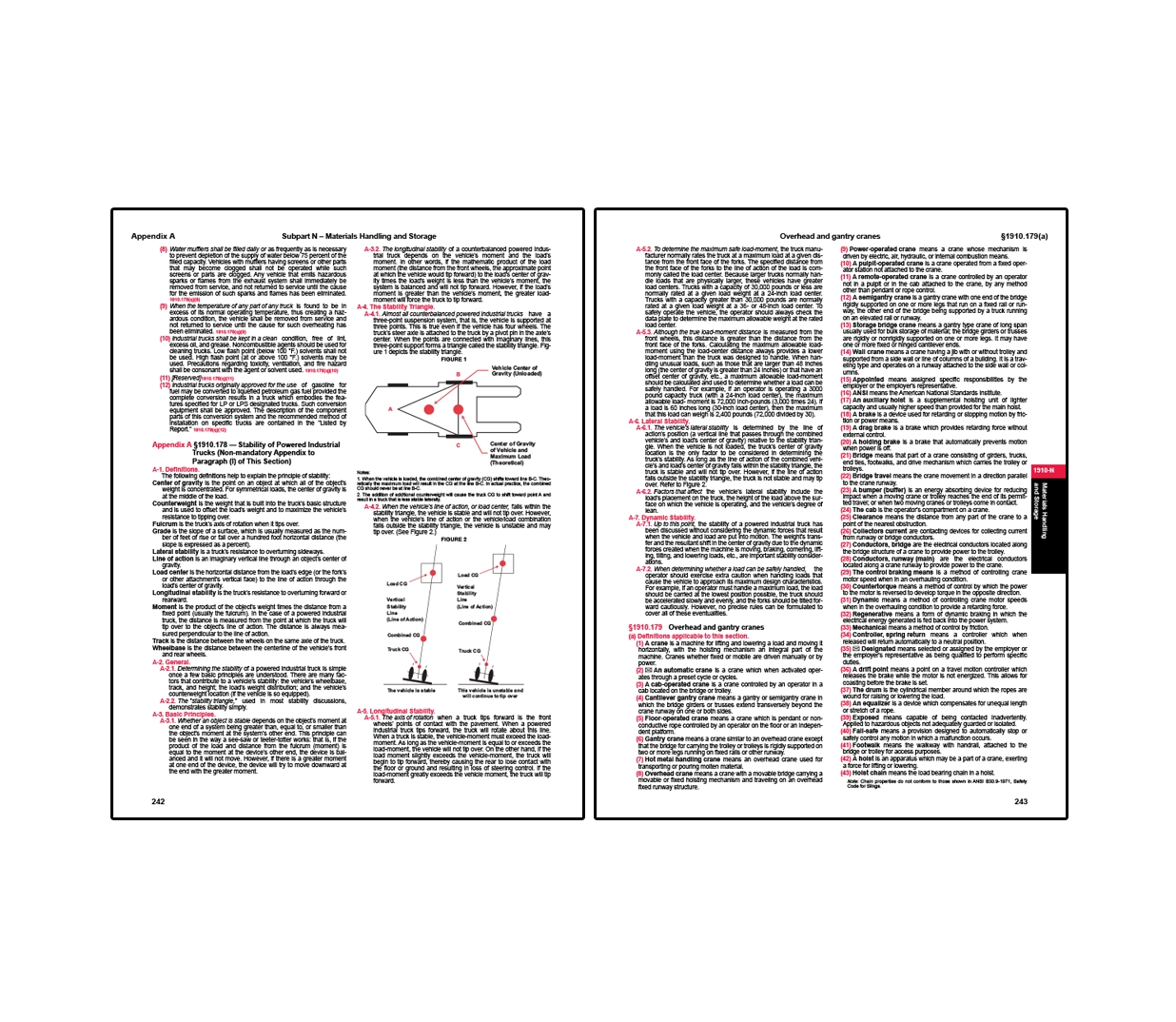 Pages describing OSHA materials handling and lifting safety standards, including diagrams explaining powered industrial truck (forklift) stability such as center of gravity and stability triangle, alongside definitions and labeled components of overhead and gantry cranes (e.g., bridge, trolley, hoist, and runway) used in industrial operations.