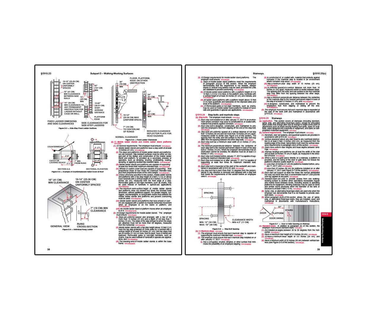 Pages outlining OSHA walking-working surface requirements, including diagrams of fixed and mobile ladder dimensions, rung spacing, side clearances, and safe climbing practices, alongside detailed standards for stairways and step bolts covering design specifications, spacing, load capacity, and safe access between elevated surfaces.