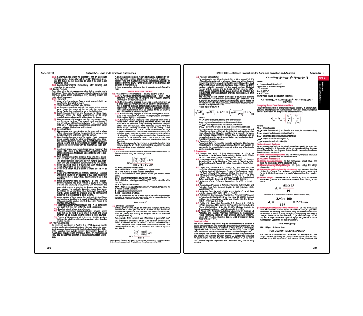 Pages outlining OSHA procedures for asbestos sampling and analysis, including step-by-step microscopy counting methods, fiber identification criteria, calculation formulas for airborne fiber concentration, and detailed guidance on sample preparation, measurement techniques, and quality control.