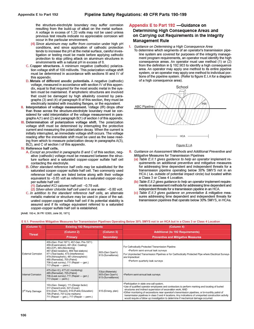 Technical document on pipeline safety regulations with text and tables.