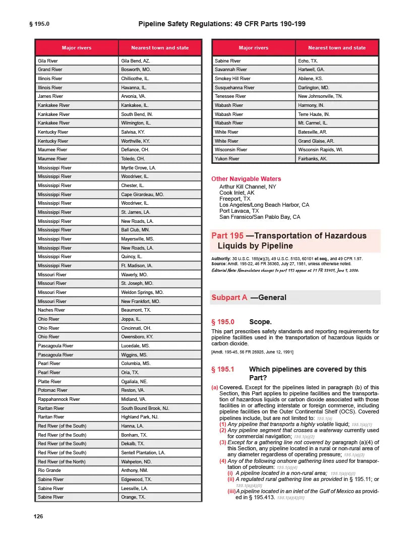 Page from a book or document detailing pipeline safety regulations with a red and white color scheme.