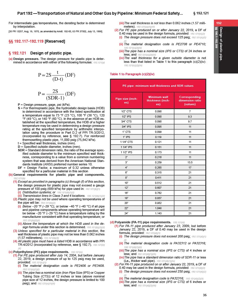 Technical document with text and tables on transportation of natural and other gases by pipeline.