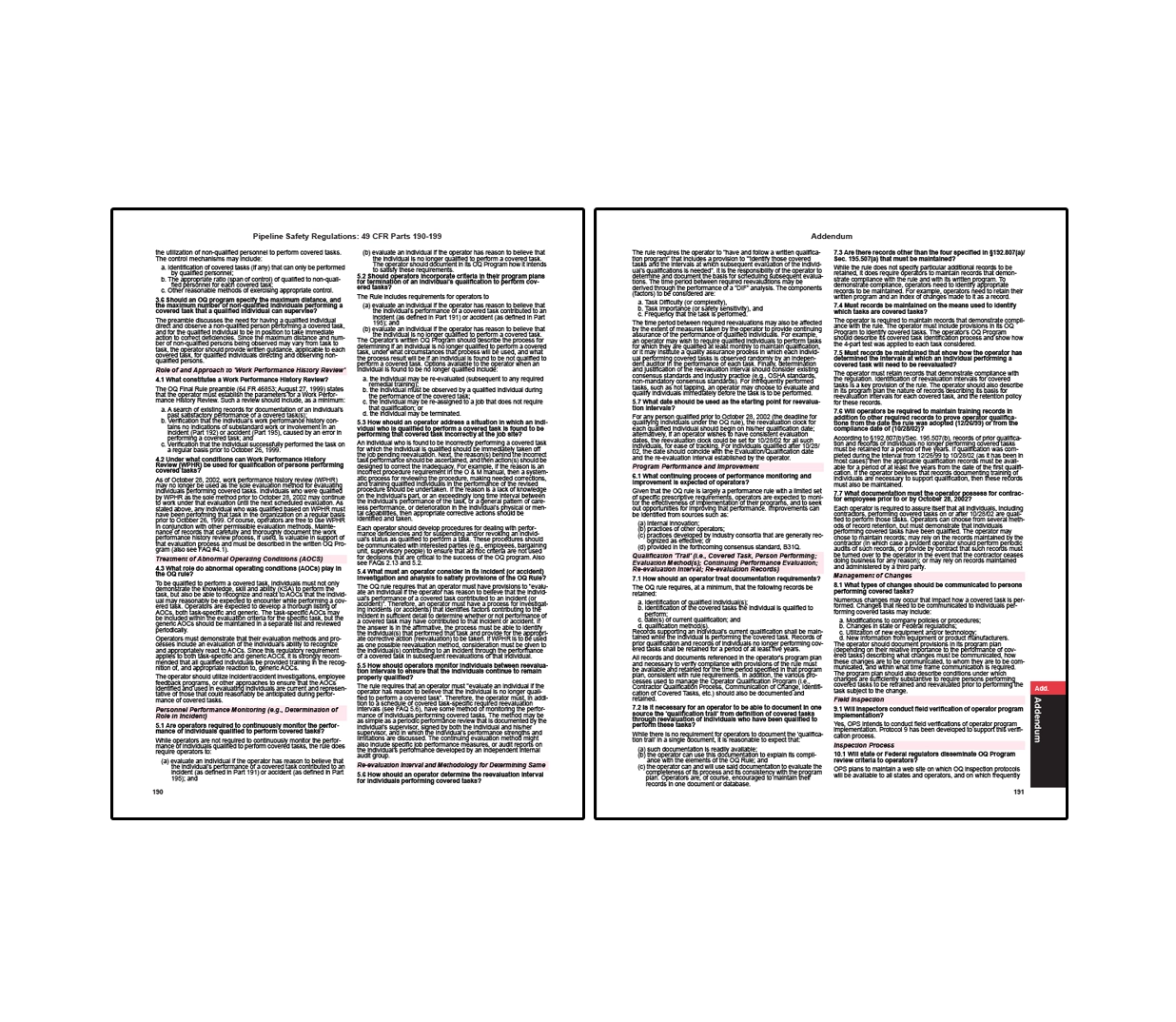 Two-page pipeline safety regulations section outlining operator qualification, performance history reviews, abnormal operating condition procedures, training, evaluation intervals, and compliance recordkeeping requirements.