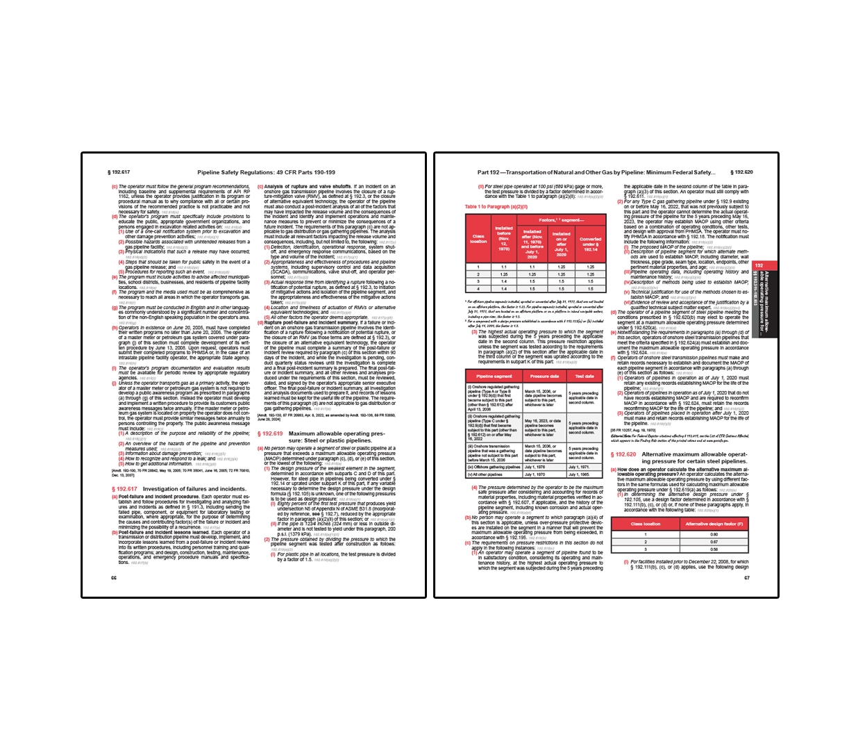 Two-page pipeline safety regulations section covering investigation of failures and incidents, requirements for maximum allowable operating pressure (MAOP), pressure testing and material strength criteria, and tables outlining class locations and alternative calculation factors.