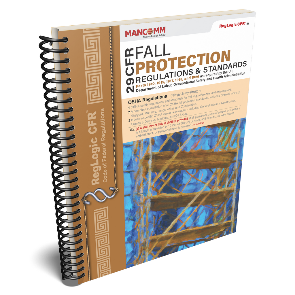 Book titled 'Fall Protection Regulations & Standards' by Mancom on a white background