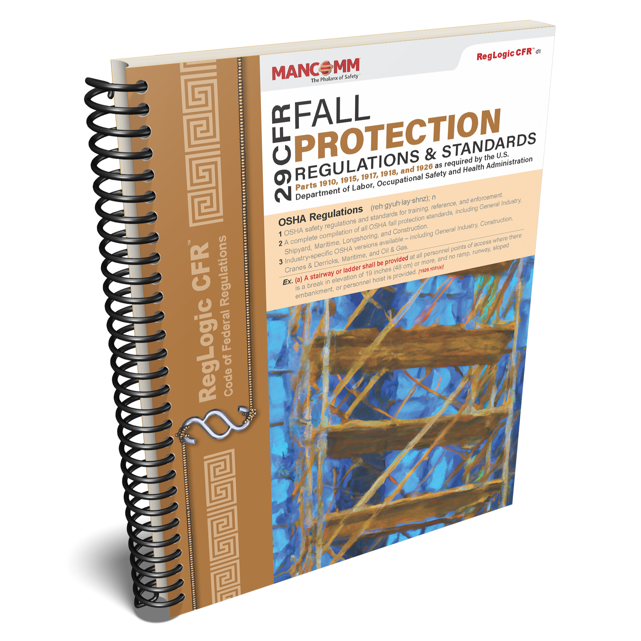 Book titled 'Fall Protection Regulations & Standards' by Mancom on a white background