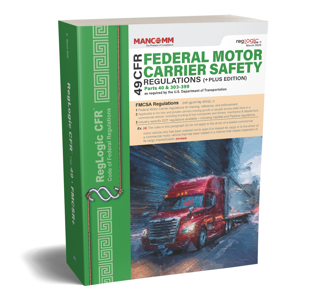 A cover image of a book titled 'FMCSR+ Federal Motor Carrier Safety Regulations', showing a red truck on the front, with the Mancomm logo and CFR regulations details.
