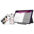 Tablet, smartphone, and stylus on a white background with digital interfaces displayed.