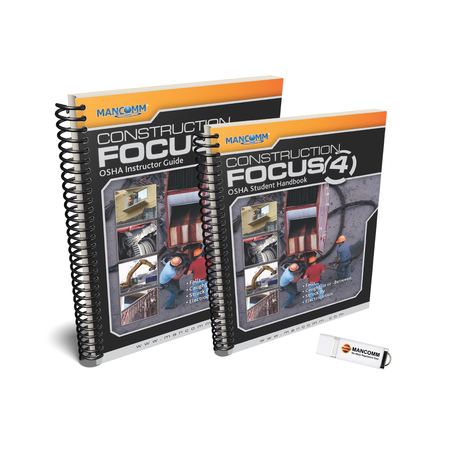 Two books titled 'Construction Focus OSHA Instructor Guide' and 'Construction Focus OSHA Student Handbook' with a USB drive on a white background.