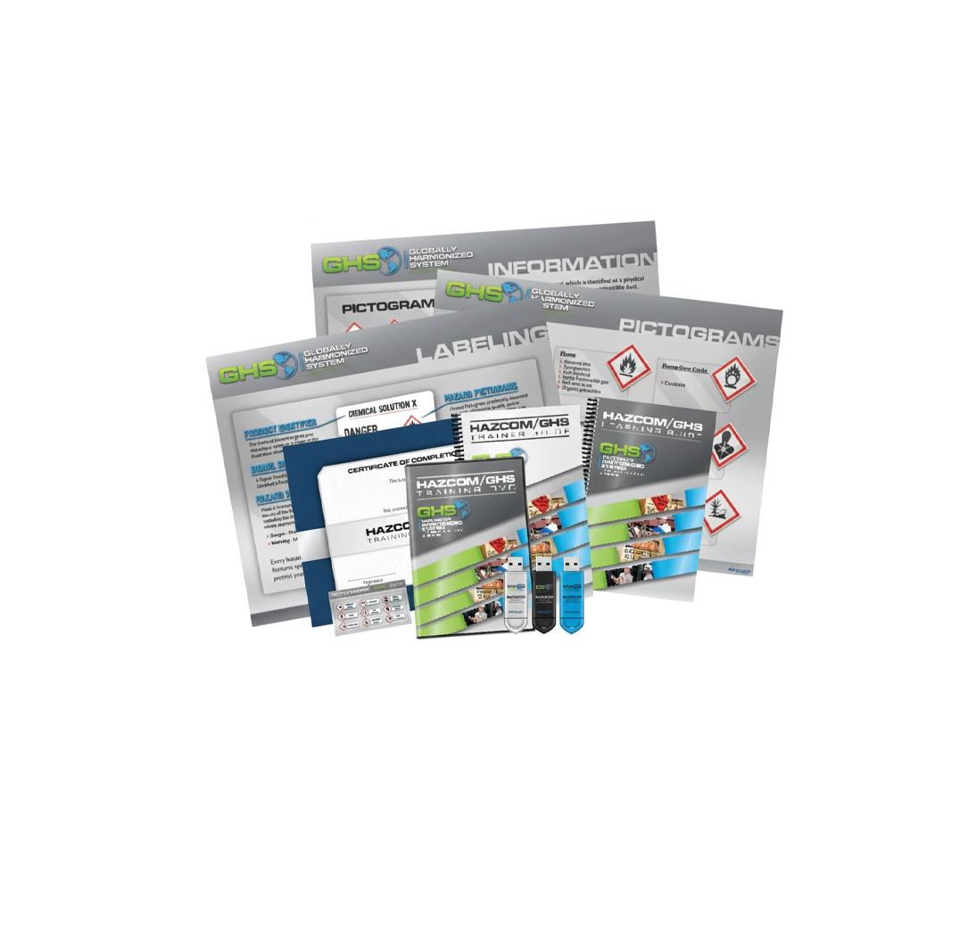 Collection of GHS (Globally Harmonized System) safety data sheets on a white background