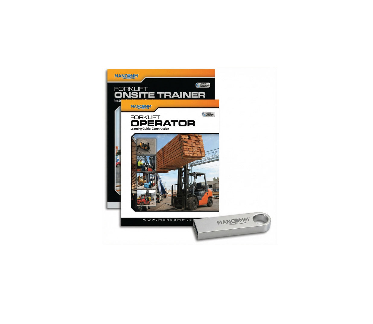 Mancomm Forklift training materials including a book and USB drive on a white background