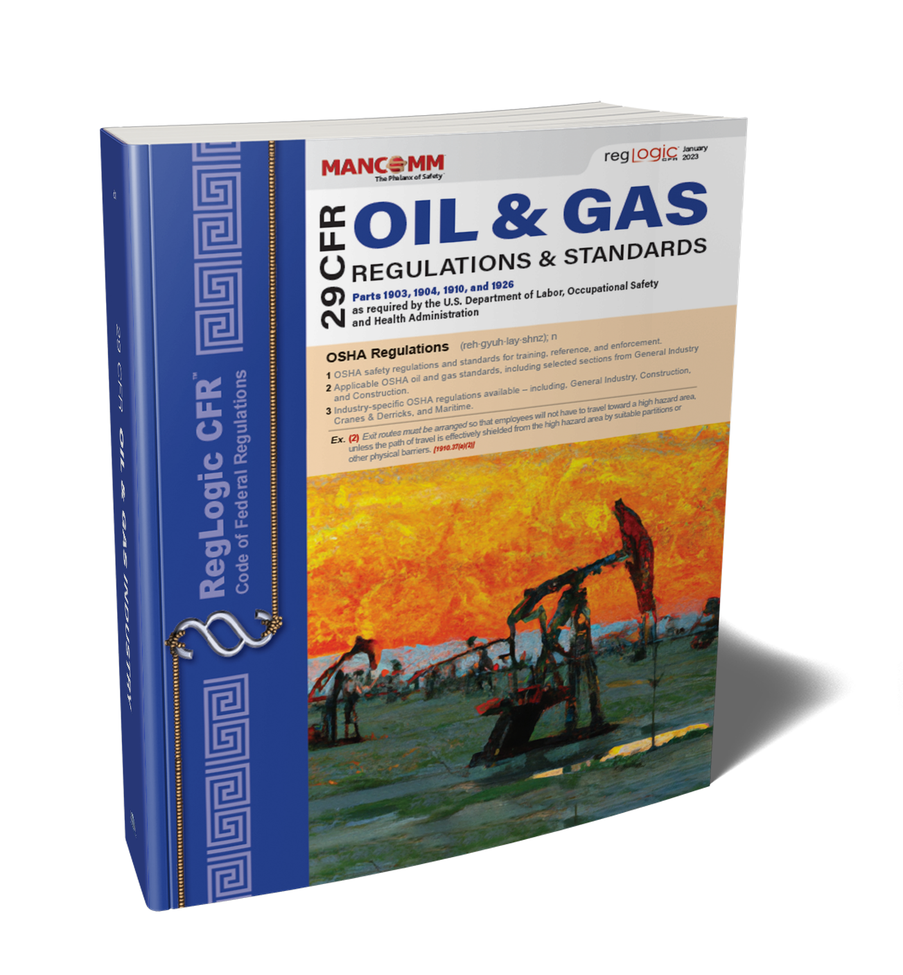 Cover of a book titled 'OSHA Oil & Gas Regulations & Standards' showing an illustration of an oil pump jack and an oil refinery.