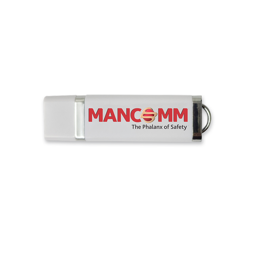 A white USB drive with the MANCOMM logo and 'The Phalanx of Safety' tagline, indicating it contains safety regulations.
